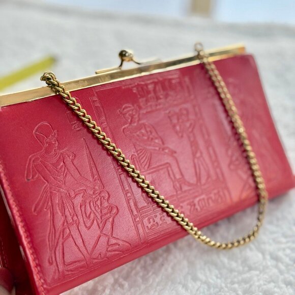 Vntg Egyptian Camel Leather Pharaoh Art Clutch Red & Gold Kiss Lock Rare… - Picture 5 of 7